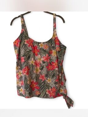 Coco Reef Tropical Floral Tie-Hem Tankini Top - Pink Green Size 38DD